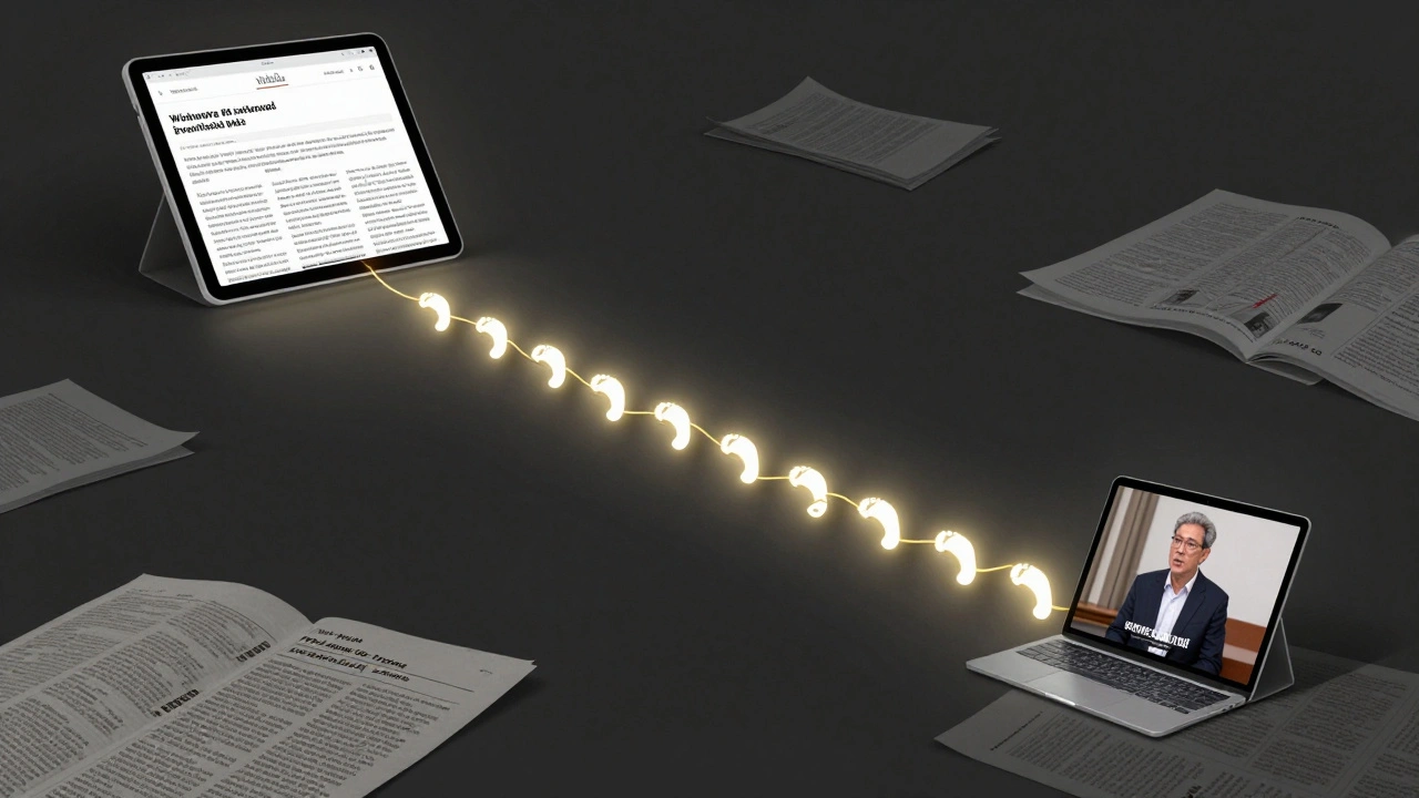 Glowing trail of sources leading from Wikipedia to original documents like journals and reports.