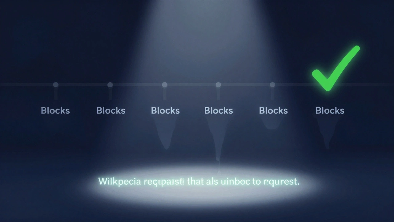 Glowing unblock request on talk page as past blocks fade into a green checkmark