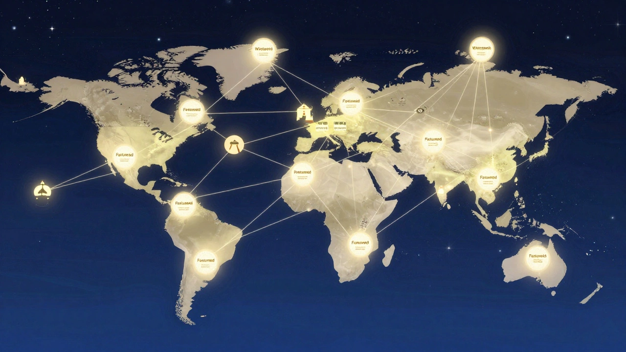 Glowing web of WikiProjects connecting to Featured Article badges against a starry background.