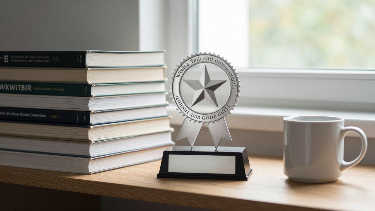 Good Article badge displayed with academic books and a coffee mug on a shelf.
