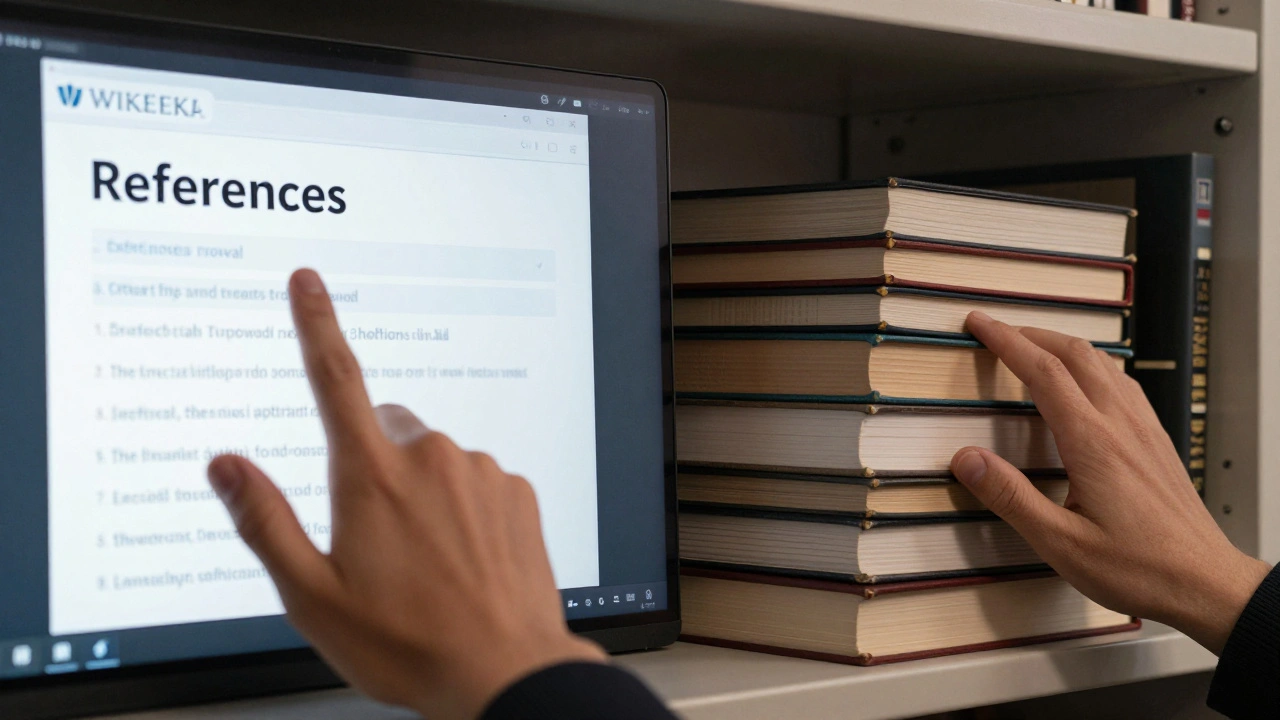 Hand clicking Wikipedia link, with scholarly books emerging from shelf in symbolic transition.