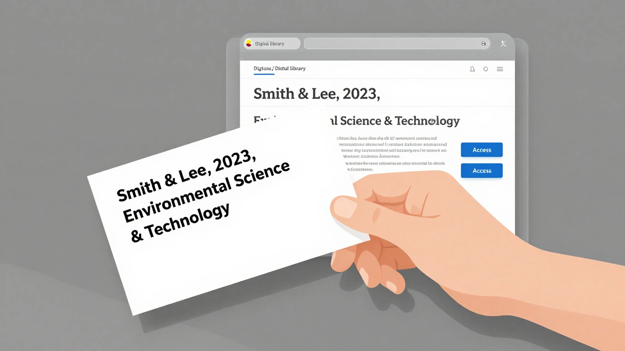 Hand picking up a printed citation that links to an academic database interface.