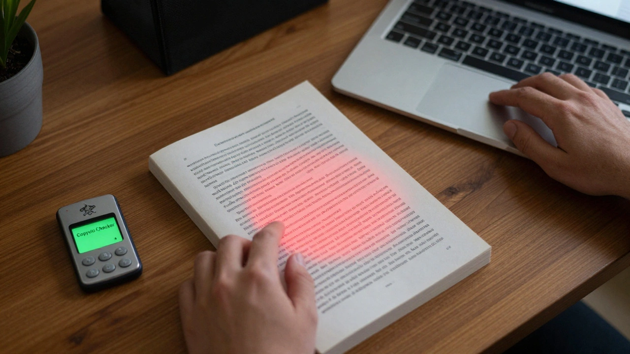 Hand typing original content on laptop while a copyrighted book glows with a warning overlay.