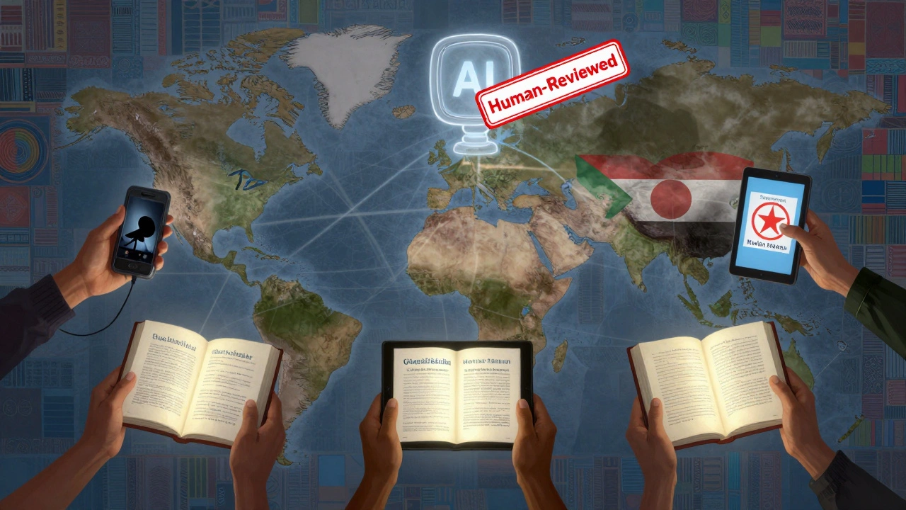 Hands from around the world connect through glowing Wikipedia content, with one from Sudan linked by satellite phone.