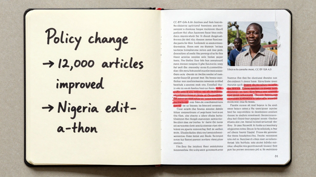 Handwritten notes and edited article draft with corrections for clarity and formatting on a wooden desk.