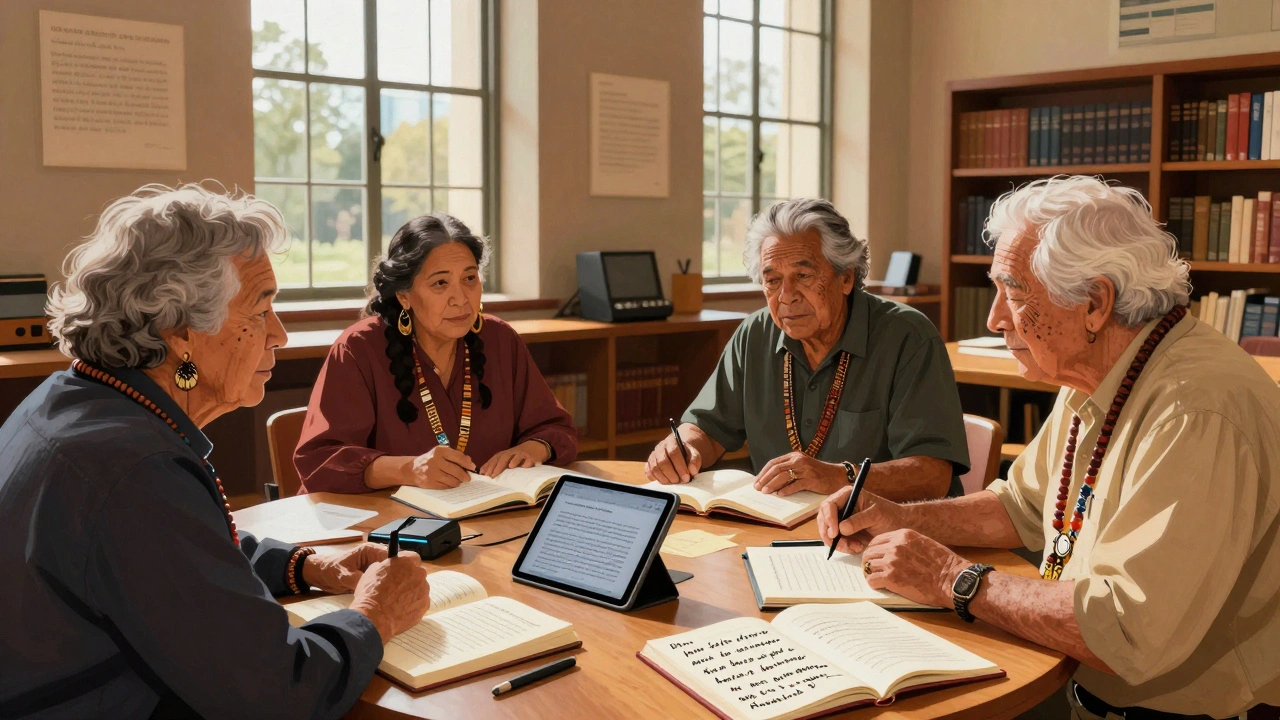 Indigenous elders and librarians collaborating on Wikipedia content with audio devices and handwritten language notes.