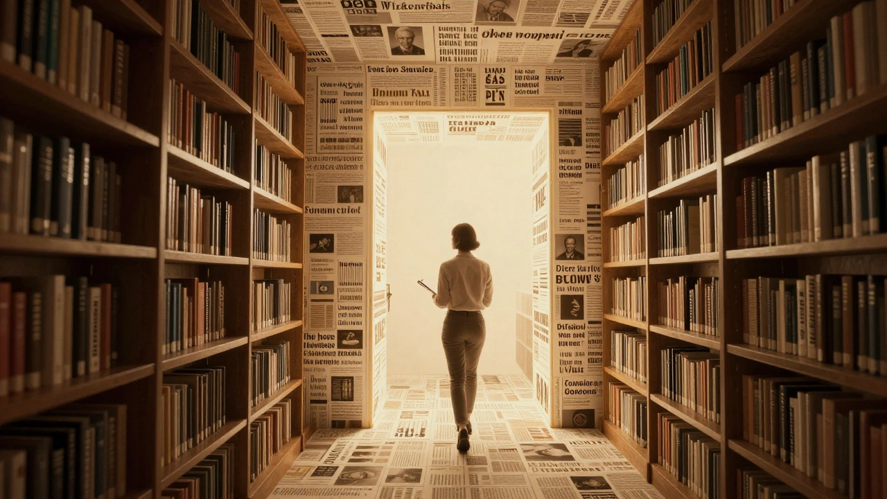 Journalist stepping from Wikipedia into trusted source materials through a glowing portal