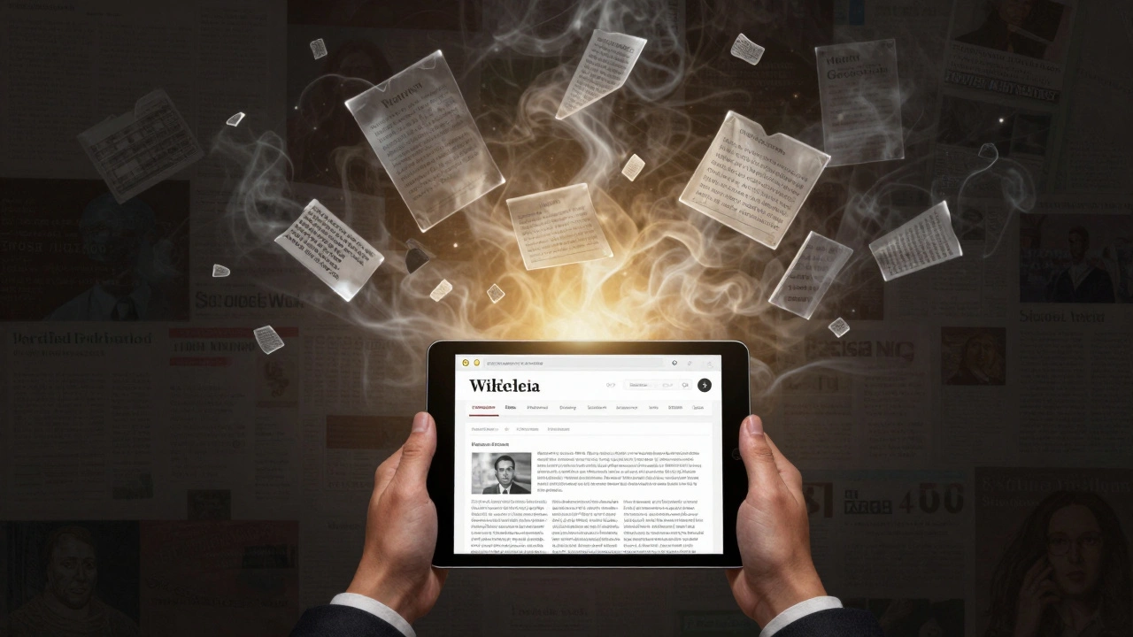 Journalist surrounded by verified facts as misinformation fades, using Wikipedia to find truth.