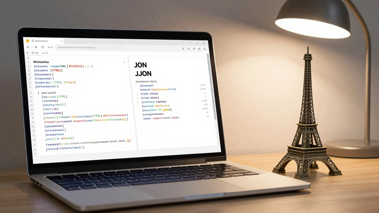 Laptop screen displaying Python code fetching Wikipedia data with clean JSON output and 3D Eiffel Tower.