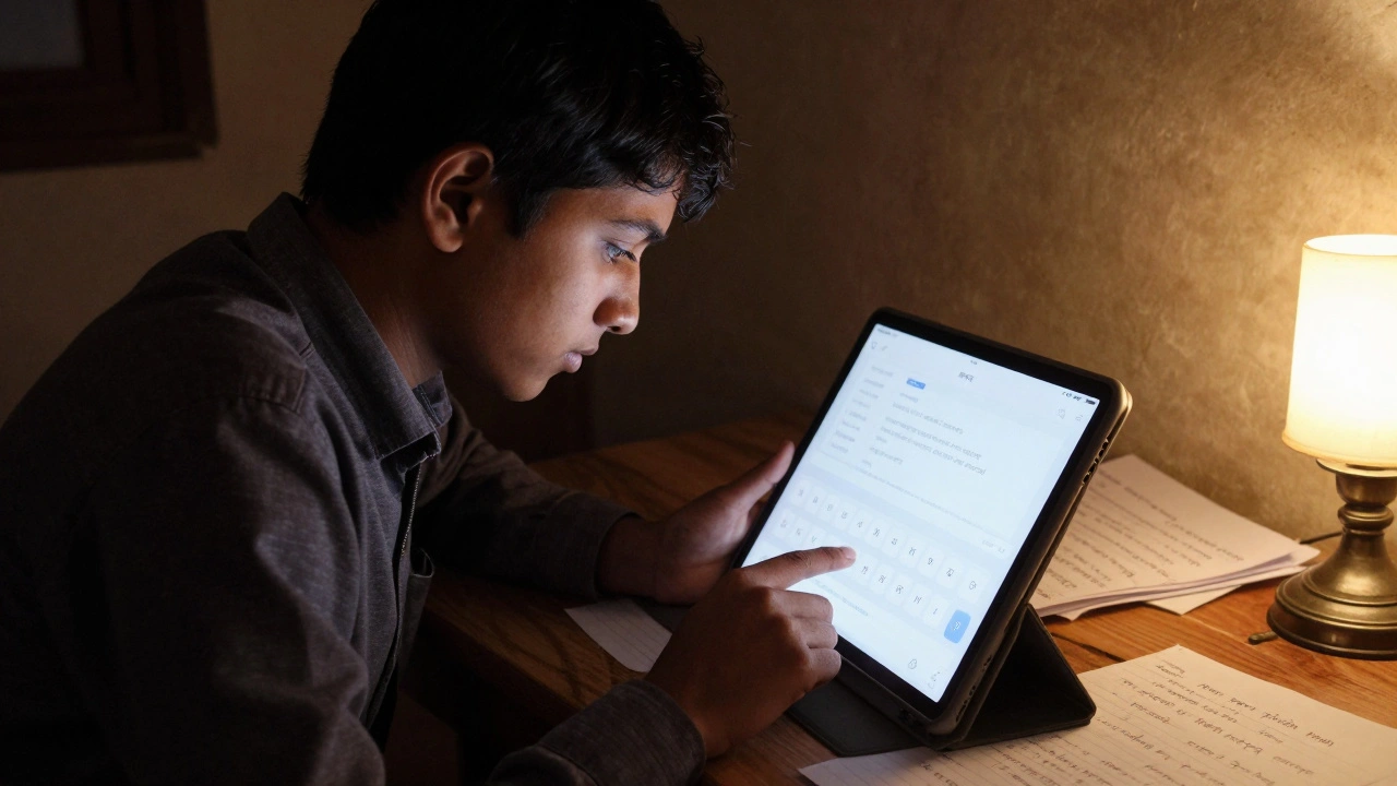 Nepali editor typing on a smartphone with phonetic input tool and handwritten notes nearby.