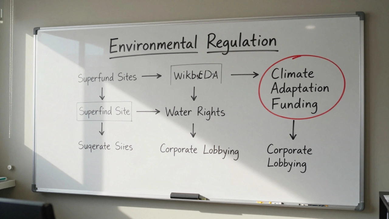 Newsroom whiteboard with hand-drawn environmental regulation category tree.