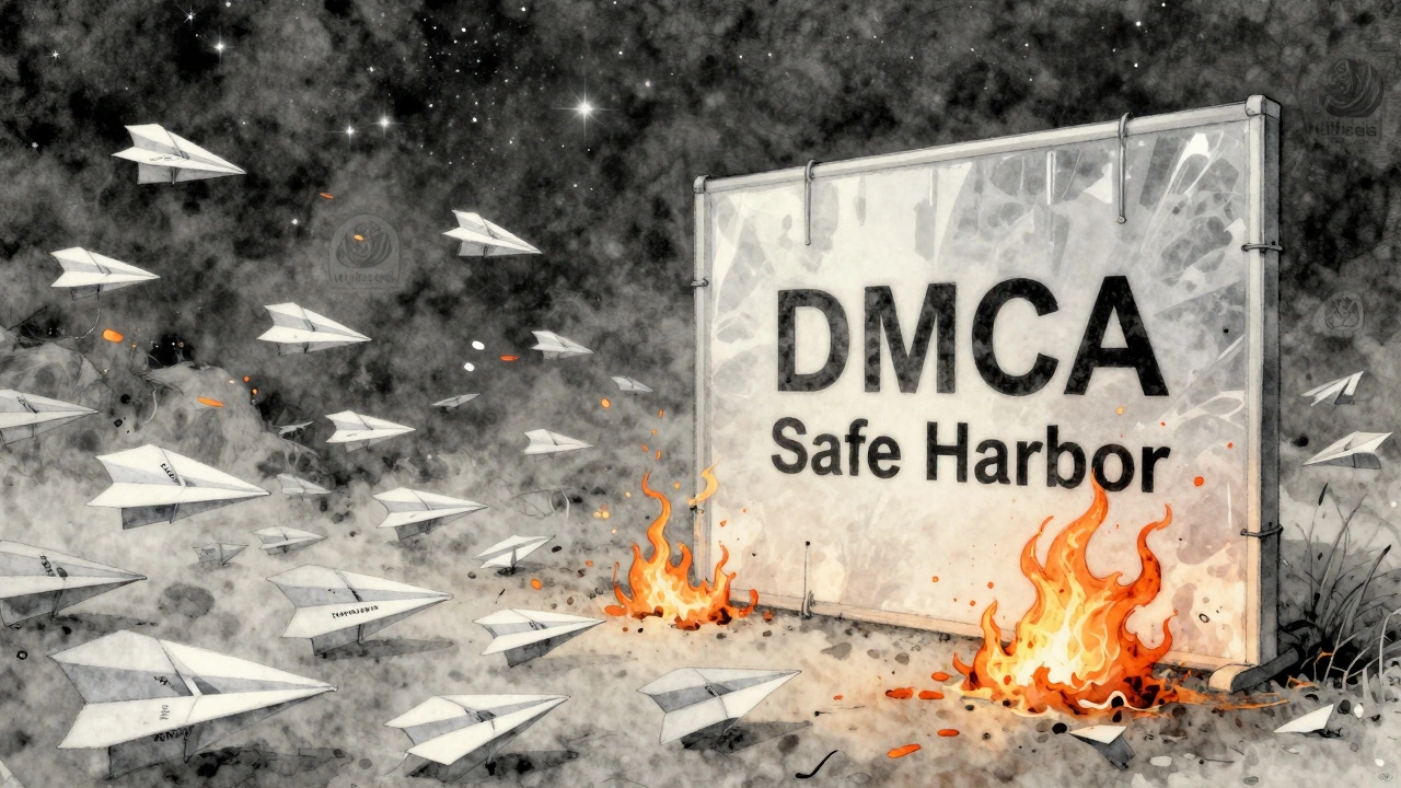 Paper airplanes labeled with Wikipedia articles flying toward a firewall, some burning mid-flight.