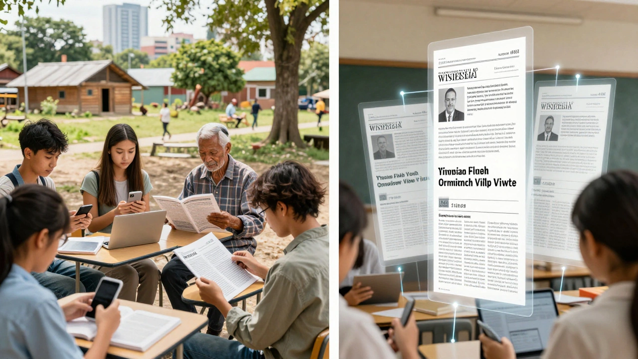 People around the world using phones to read Wikipedia articles, with floating view counters connecting them to the topics.