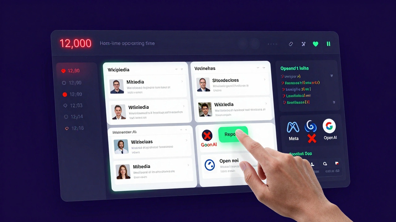 Real-time AI detection dashboard showing thousands of Wikipedia matches flagged.