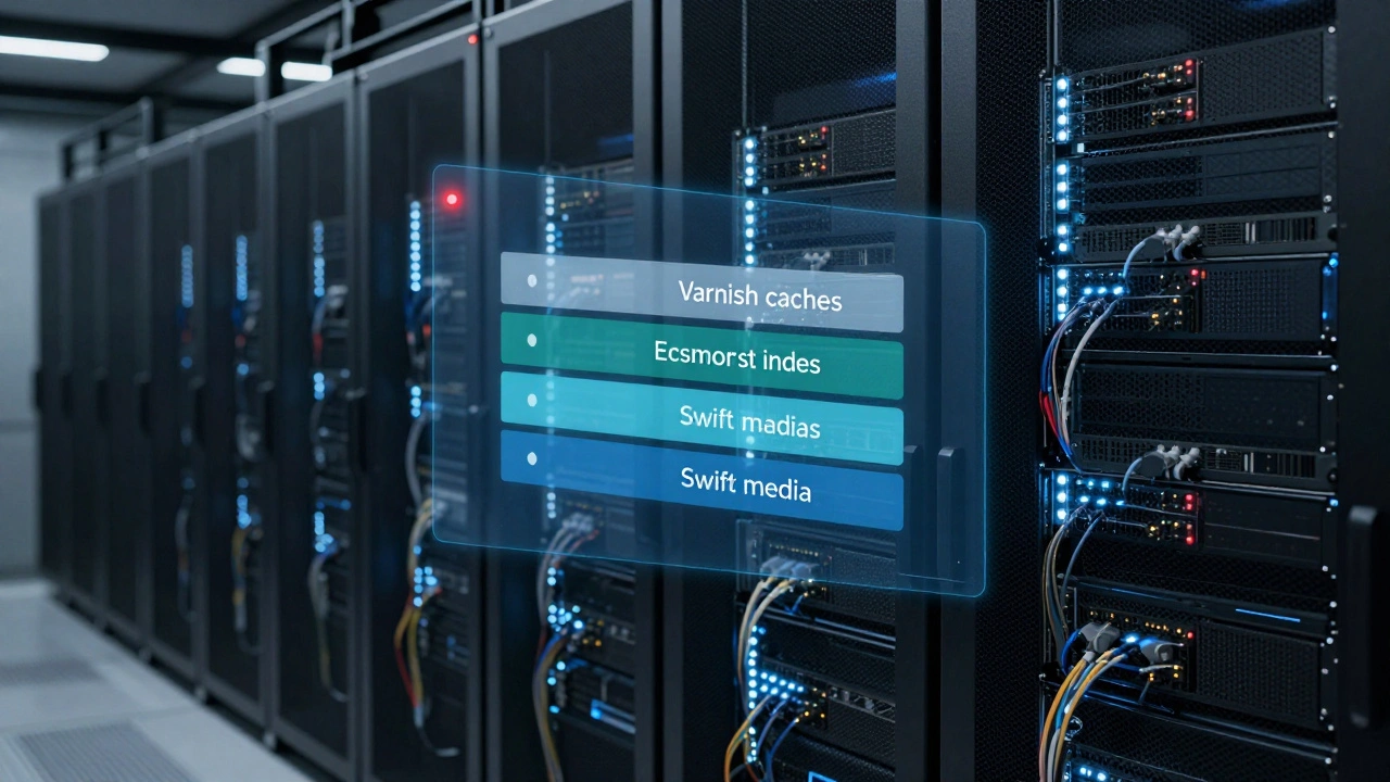 Rows of servers in a data center with layered technical systems visualized above them.