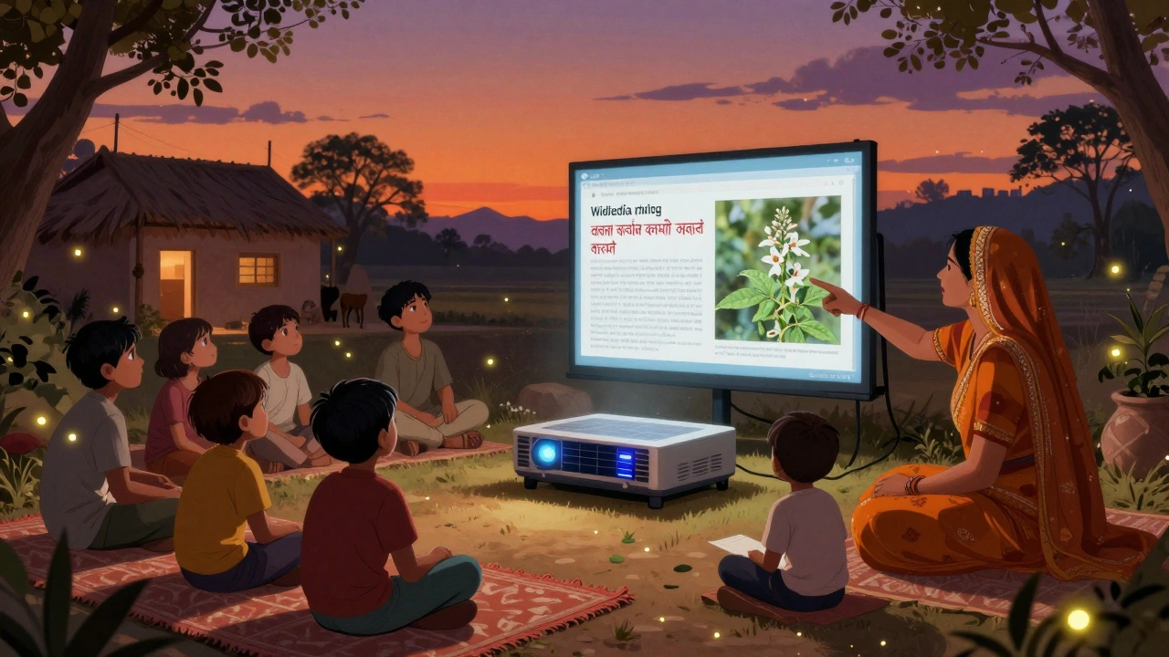 Rural librarians in India use a solar-powered device to show Wikipedia articles to children under a twilight sky.
