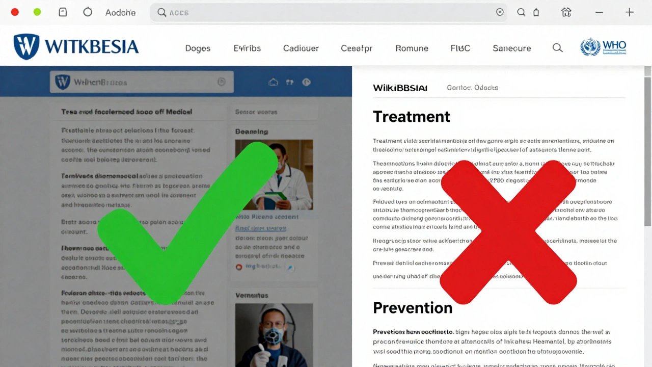 Side-by-side comparison of a misleading medical webpage and a properly cited Wikipedia article.