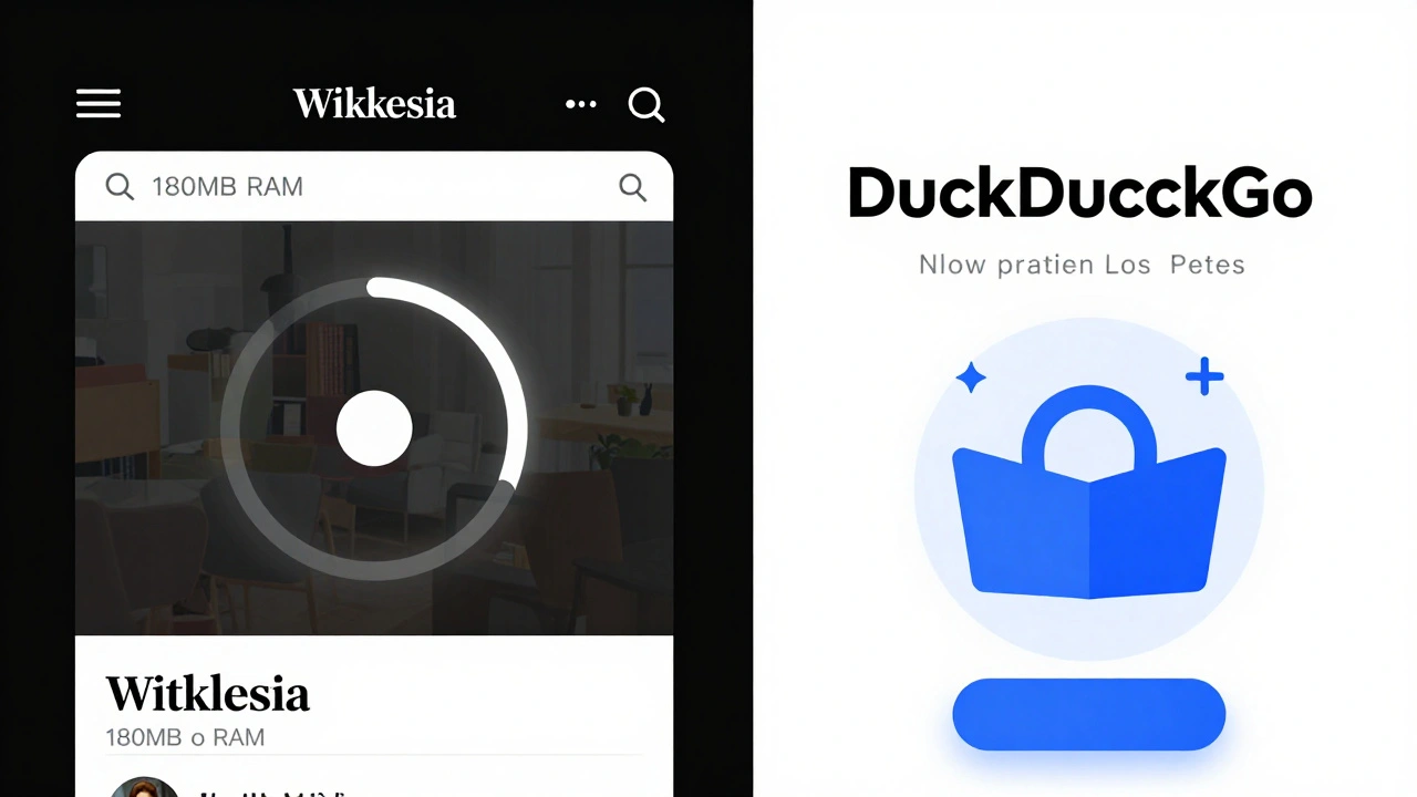 Side-by-side: slow Wikipedia mobile site versus fast DuckDuckGo mobile page.