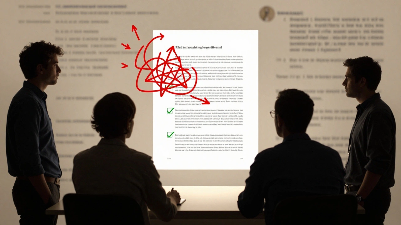 Silhouetted editors watching a chaotic edit thread transform into a stable, well-sourced article.