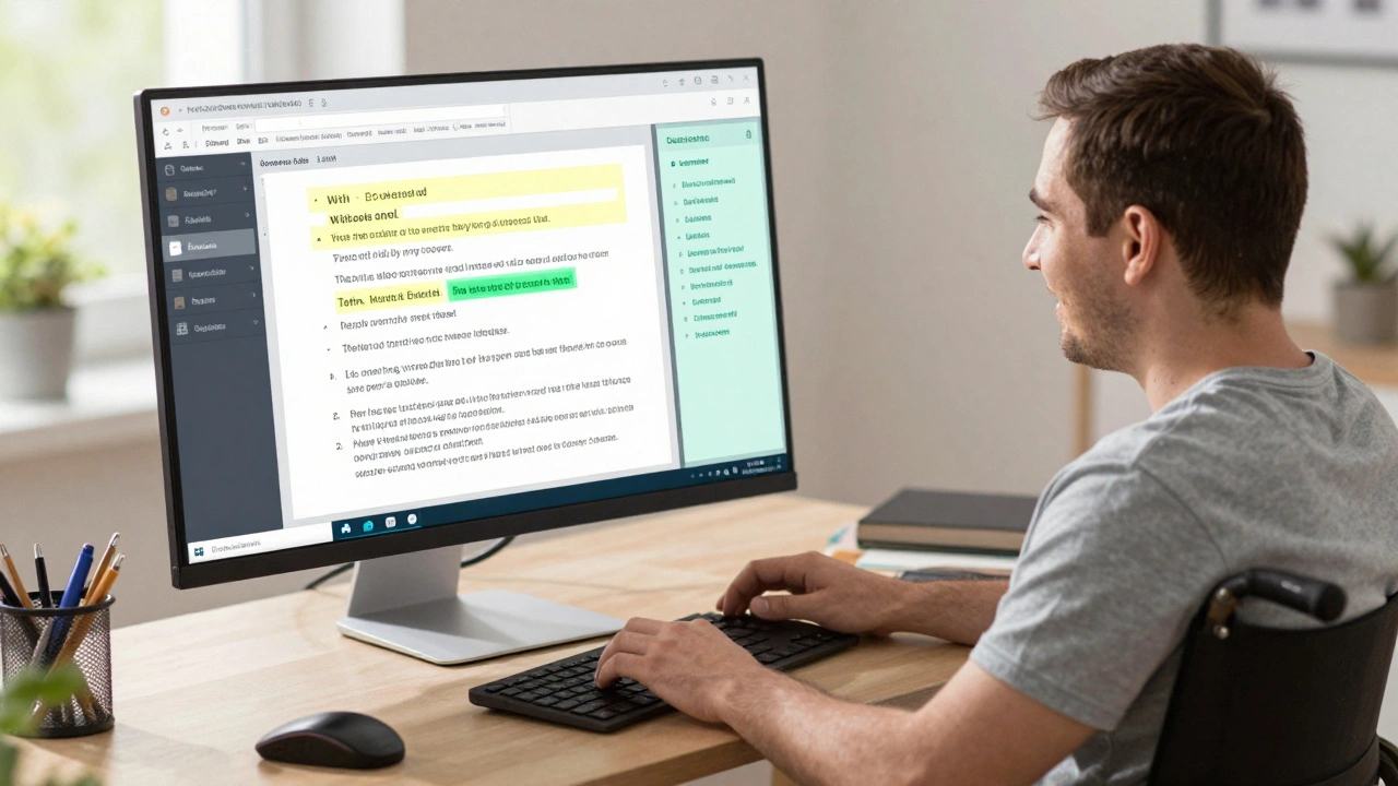 Someone editing a Wikipedia article with AI suggestions highlighting missing citations and offering simplified text alternatives in real time.
