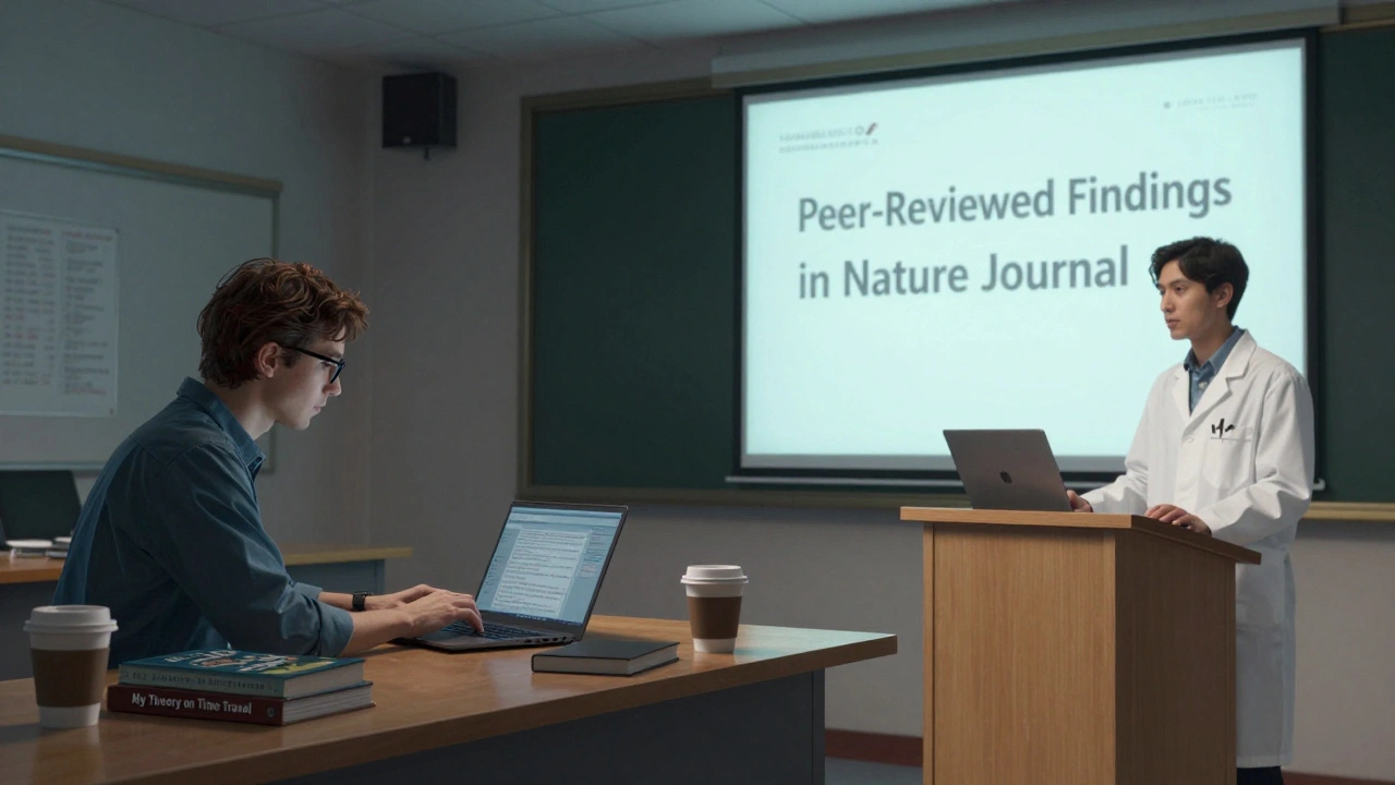 Split image: a blogger in dim light vs. the same person presenting peer-reviewed research at a university.