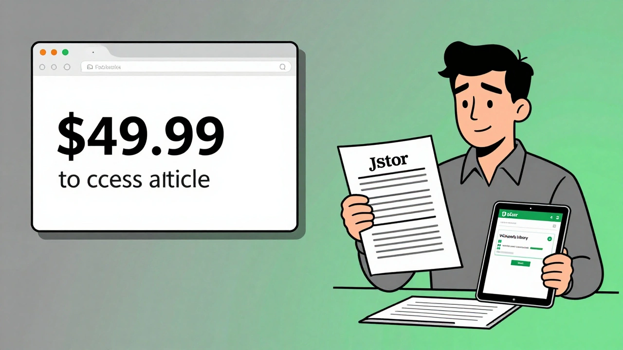 Split image: frustrated reporter facing paywall vs. same person accessing free articles via Wikipedia Library.