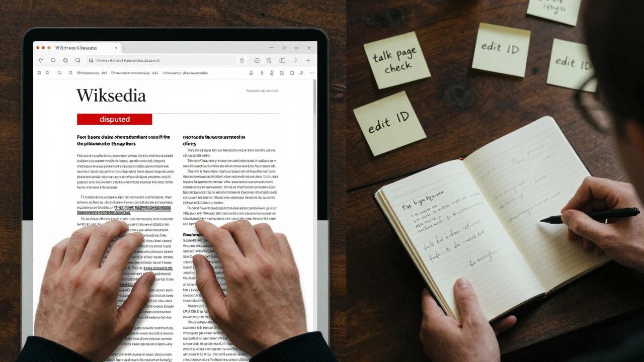 Split image showing a reporter’s flawed Wikipedia citation versus improved notes from a roundtable.