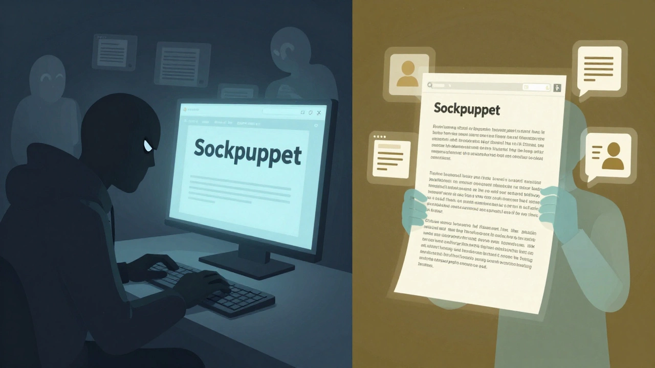 Split image showing destructive sockpuppet behavior vs. constructive editing with community support