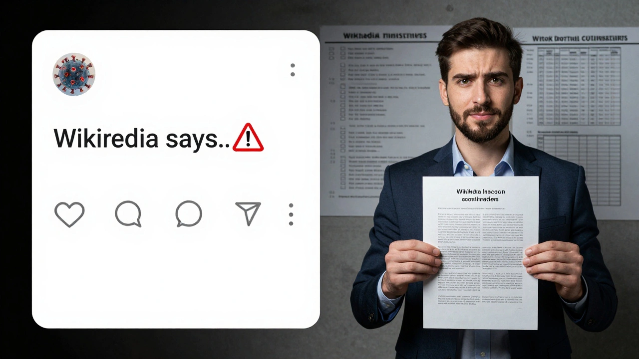 Split image: viral social media post with Wikipedia citation vs. journalist holding verified source document.