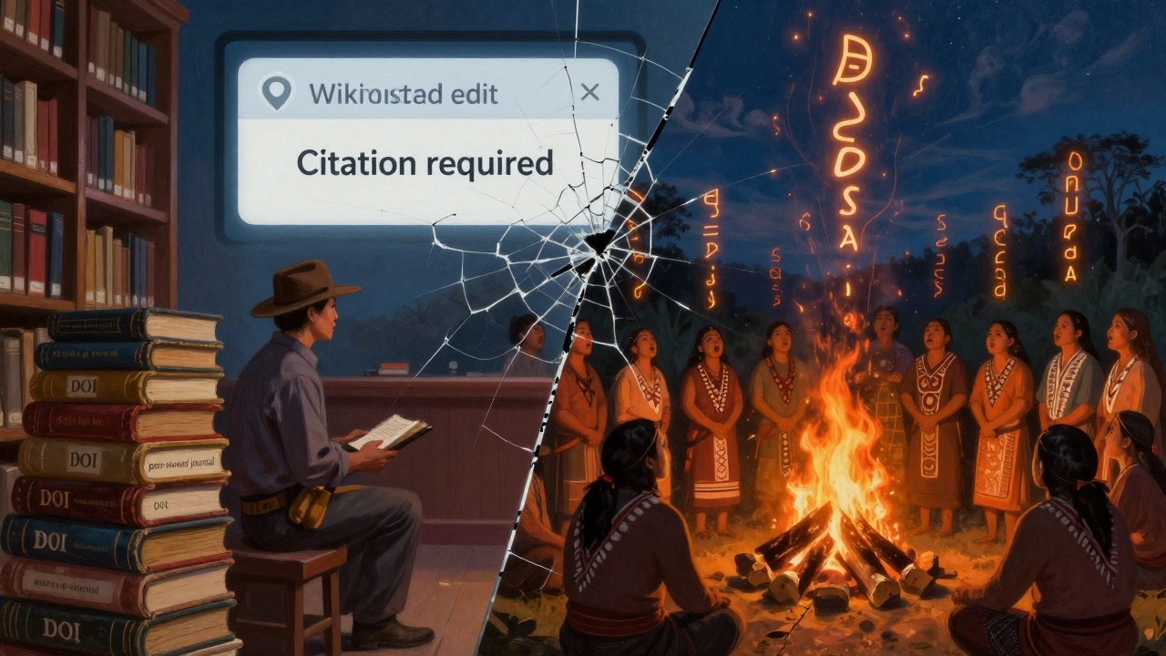 Split scene: Western academia with books versus Indigenous community singing ancestral chants, separated by a Wikipedia error message.