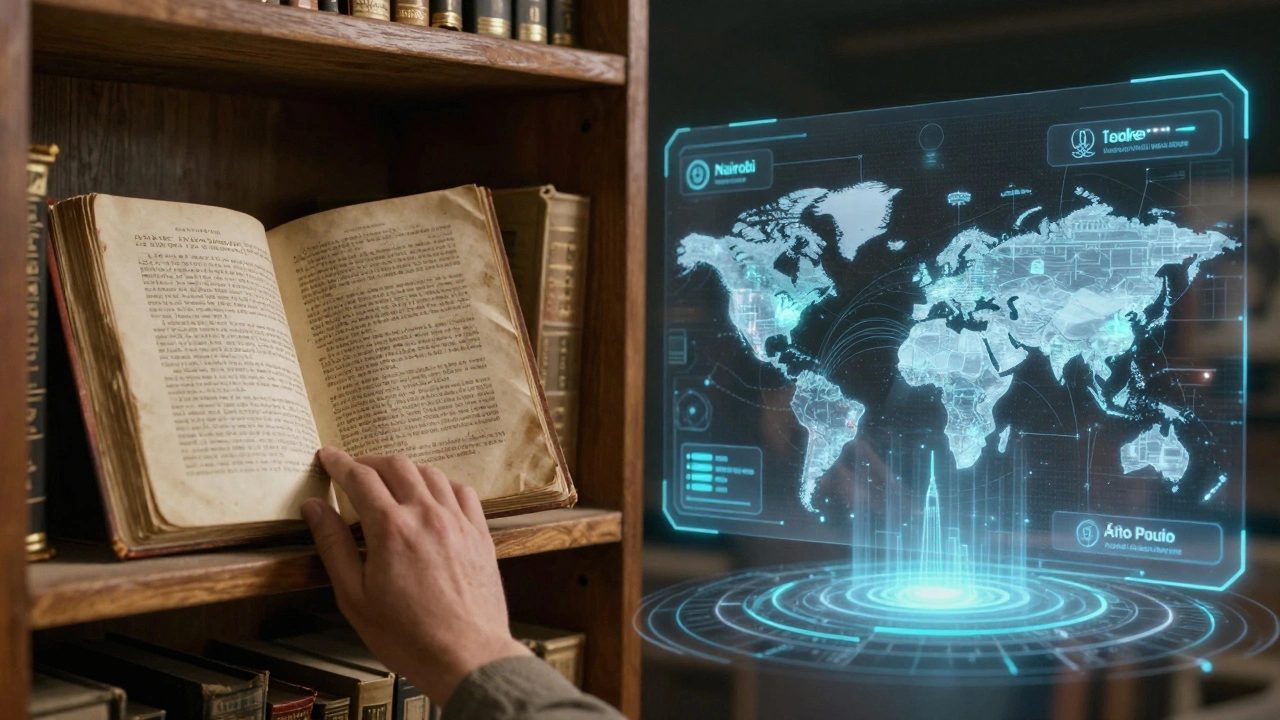 Split-screen: old dusty encyclopedia vs. holographic Grokipedia with global data streams connecting continents.