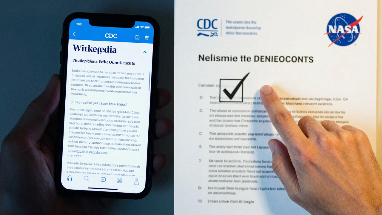 Split-screen showing outdated Wikipedia data versus verified official reports with a hand indicating the correct source.