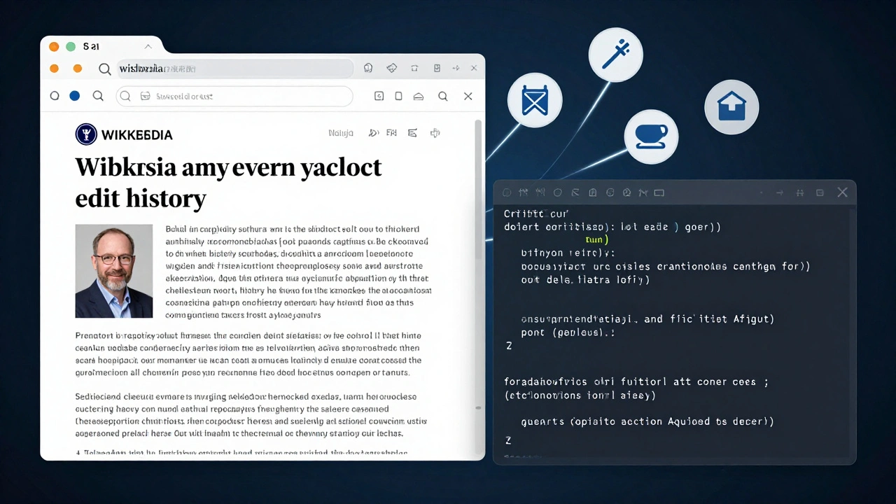 Split-screen showing Wikipedia article and command-line API request with floating error icons.