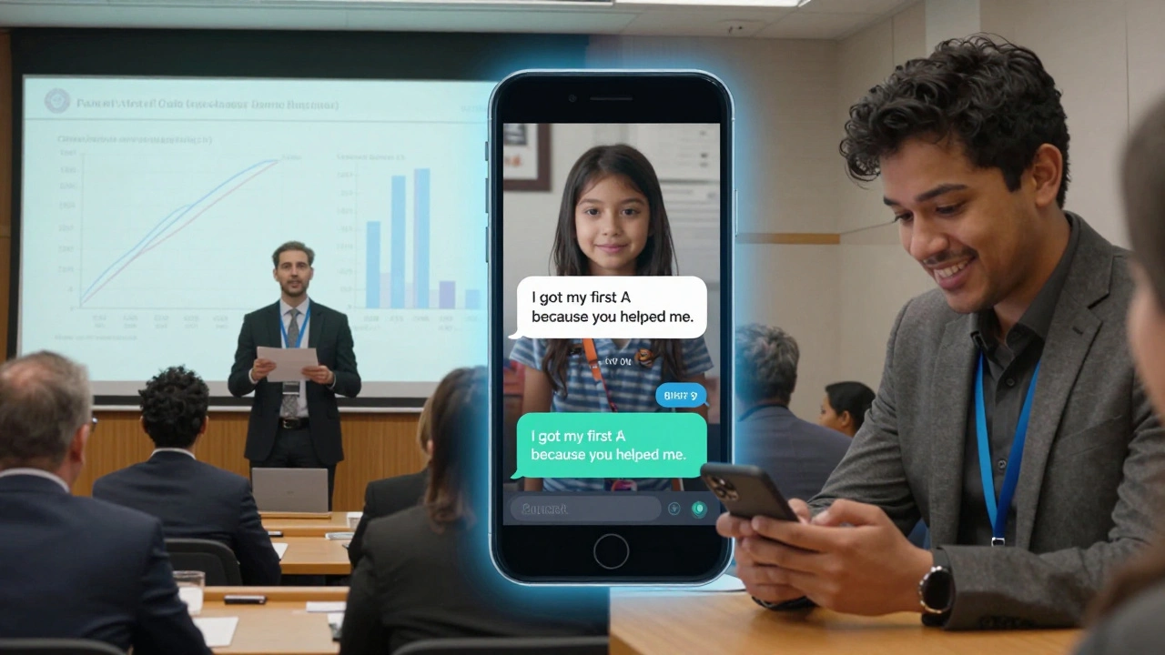 Split-screen: volunteer presenting data at a council meeting and receiving a supportive text from a peer mentor.