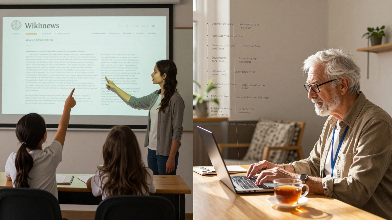 Student learning from a Wikinews article in class, while an elderly editor works at home with sourced documents.