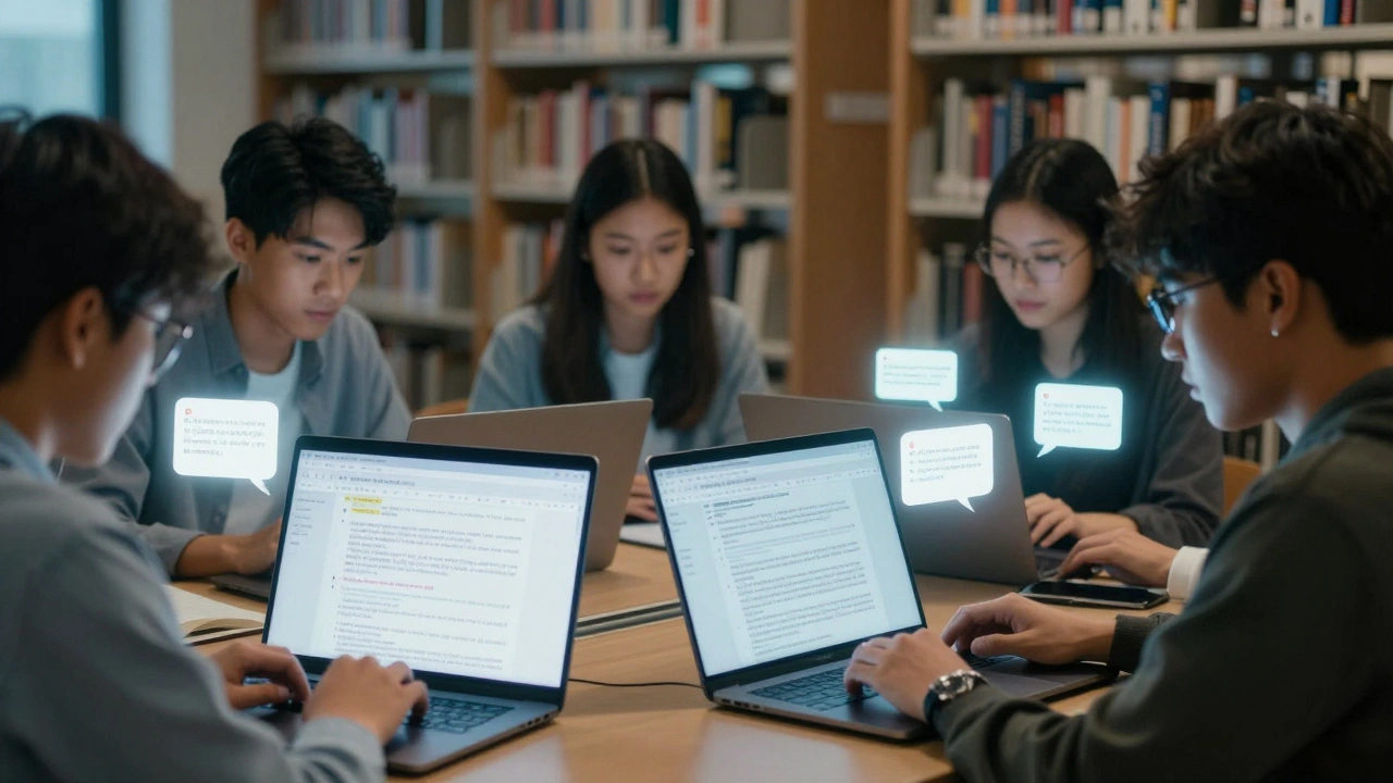 Students collaborating in a library, digital Wikipedia feedback floating around their laptops.