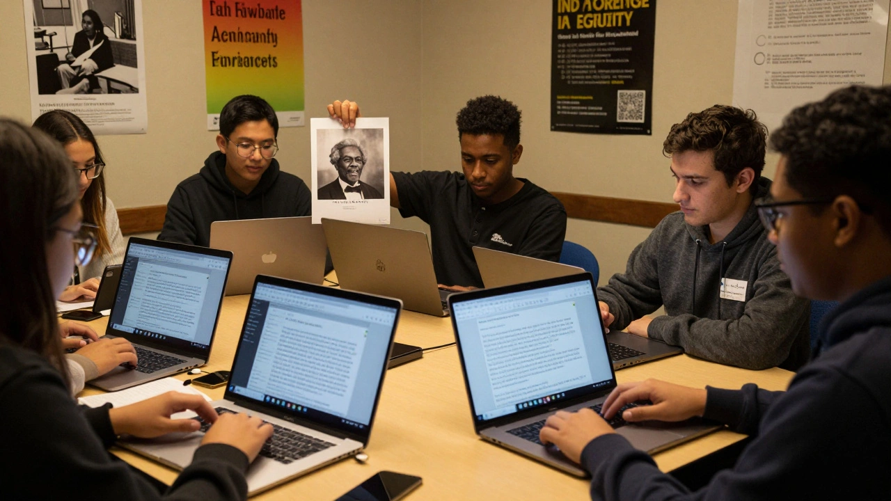 Students collaboratively editing a Wikipedia article about Ida B. Wells with sources open on laptops.