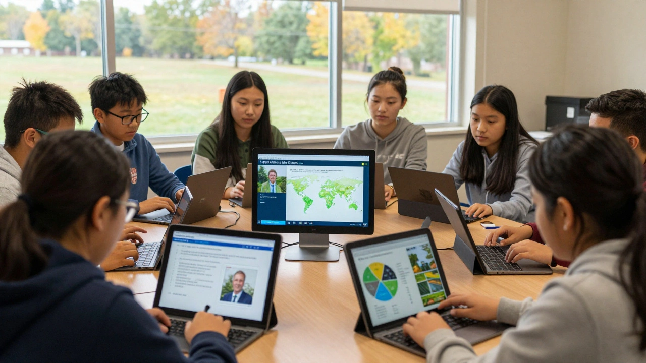 Students in a classroom viewing real-time climate data on tablets, with a professor’s video explaining regional impacts.