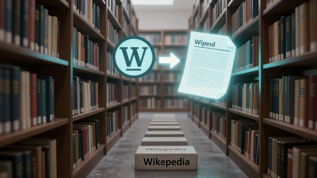 Symbolic path from Wikipedia to academic archives in a library, illuminated by metaphorical light.