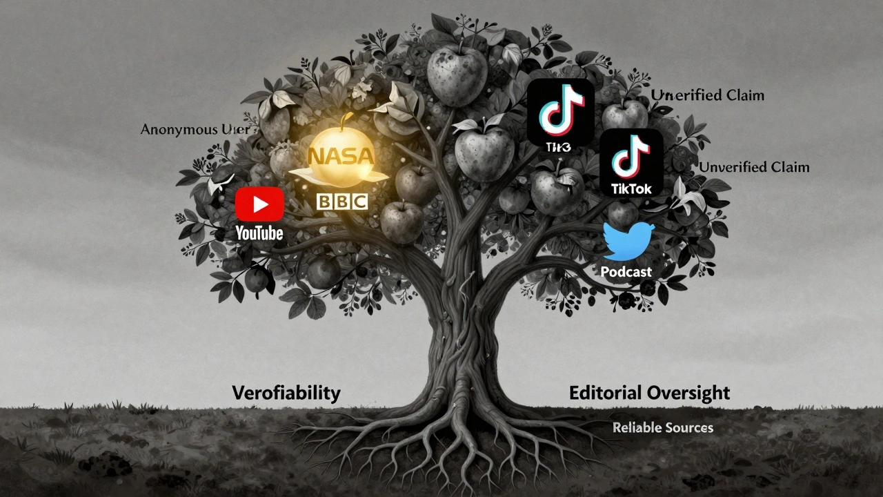 Symbolic tree with trusted media sources glowing and unverified platforms wilting.