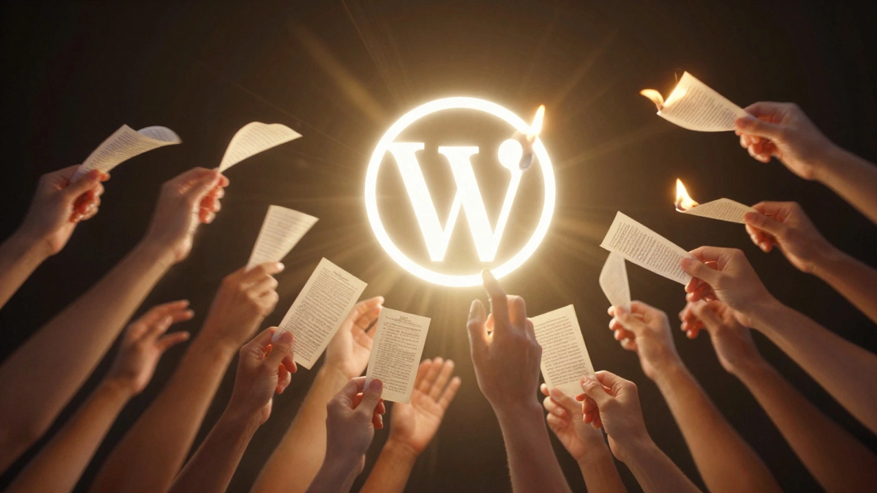 Thousands of hands passing updated research sources toward a glowing Wikipedia logo.