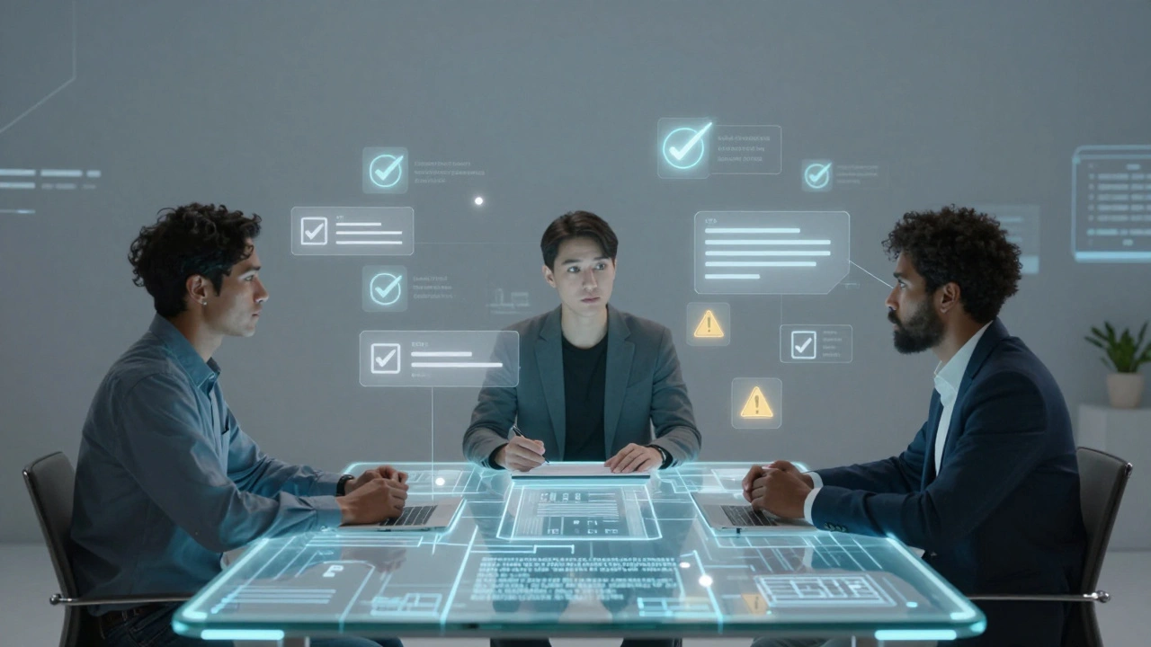 Three volunteers in a virtual space debating news accuracy with floating review icons.