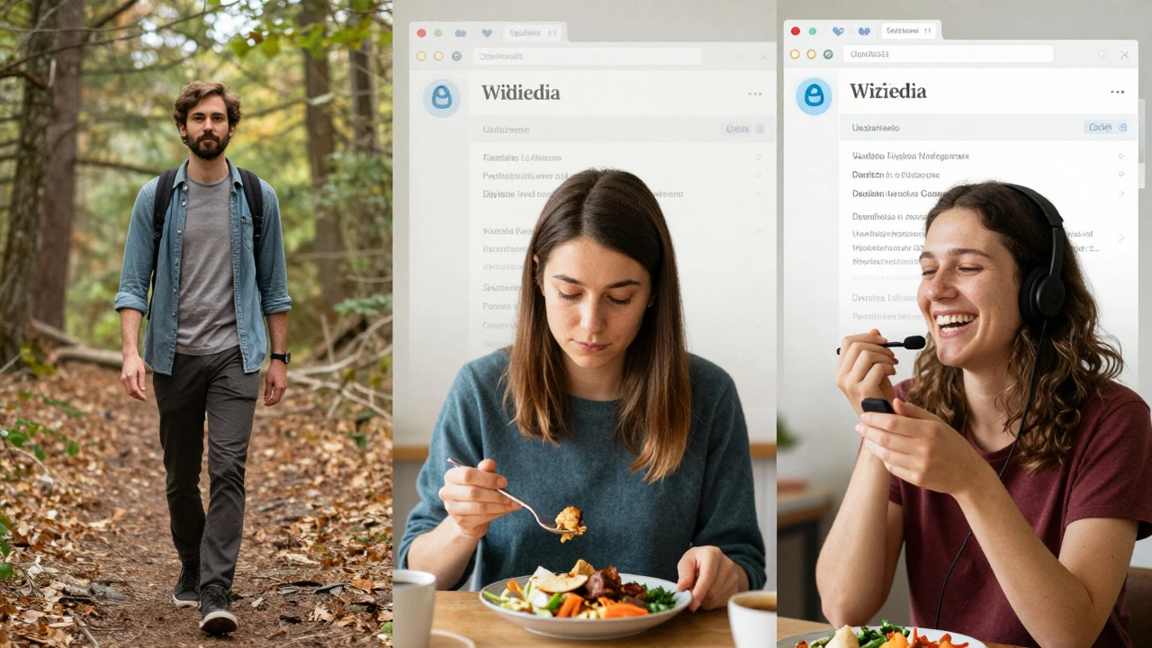 Three Wikipedia moderators practicing self-care: walking, eating, and talking quietly, with edit interfaces fading behind them.