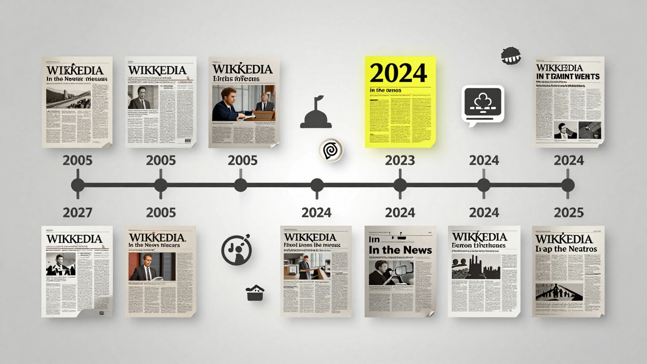 Timeline wall showing the history of Wikipedia's In the News section with newspaper clippings and category icons.