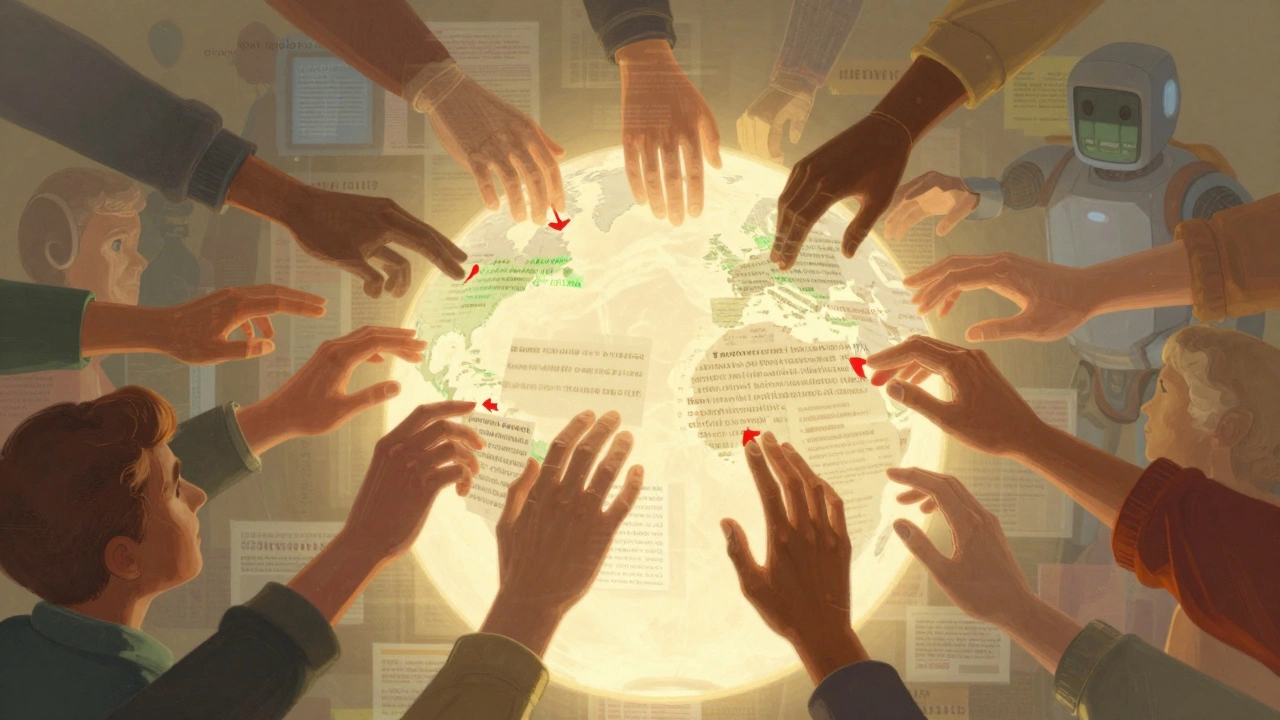 Translucent hands from diverse people collaboratively editing floating text above a glowing globe.