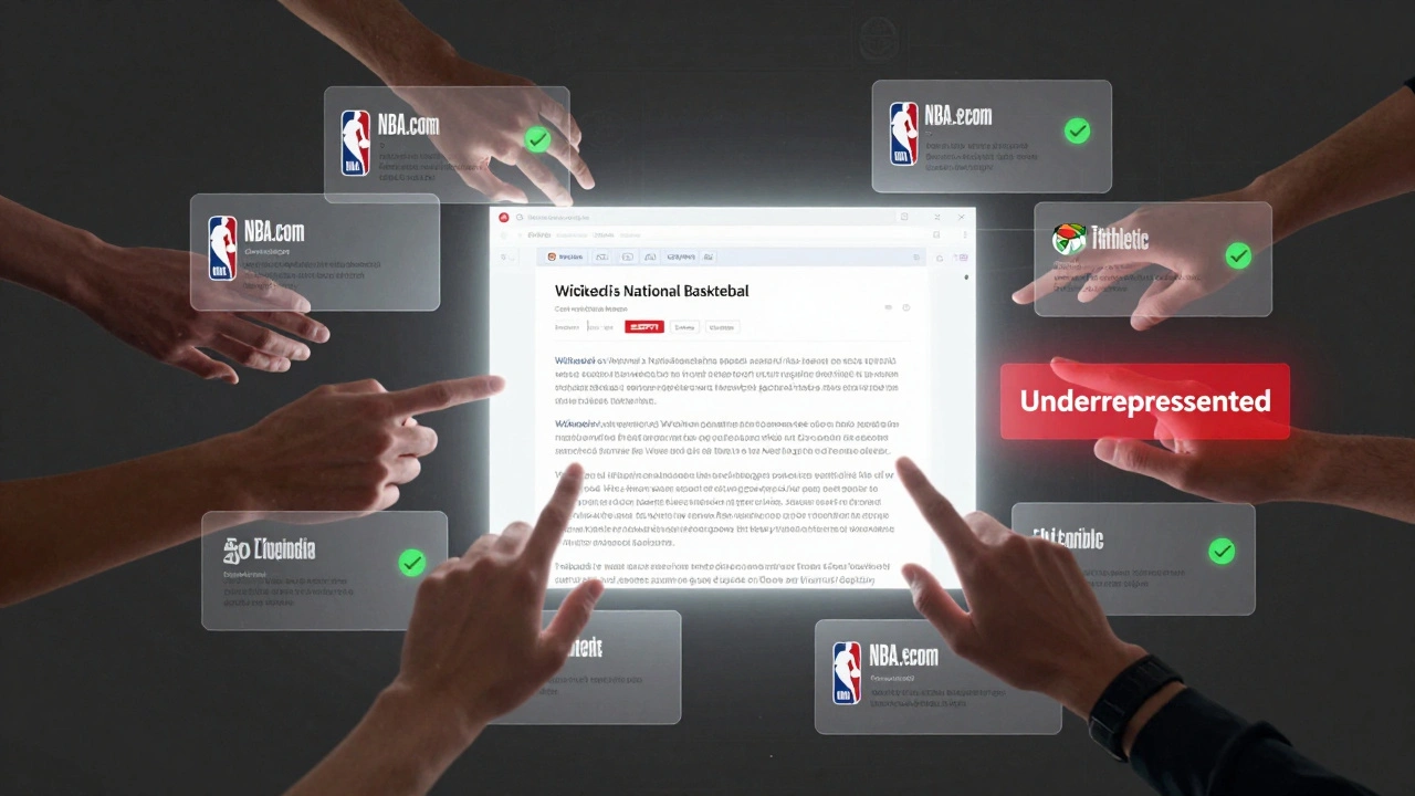 Translucent source panels surround a Wikipedia page on the WNBA, with diverse hands adding citations and checkmarks.