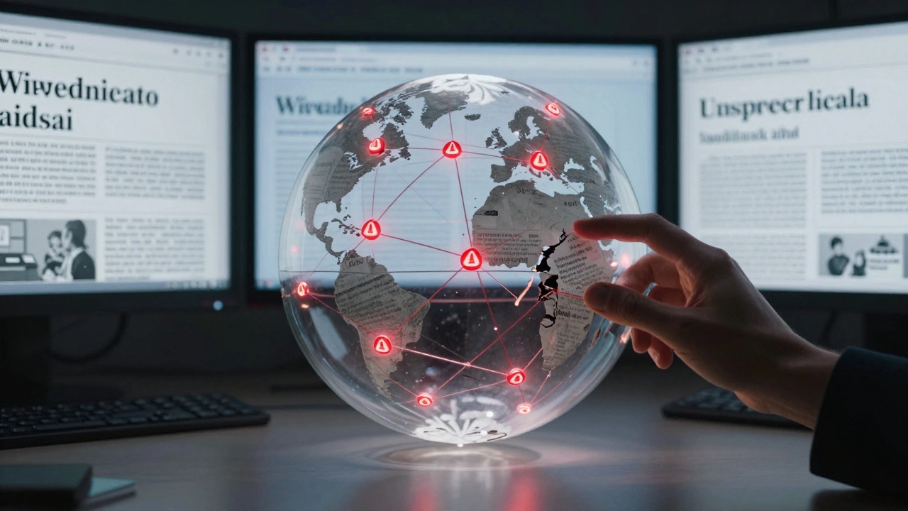 Transparent globe showing interconnected Wikipedia and Wikidata nodes with warning icons at weak data links.