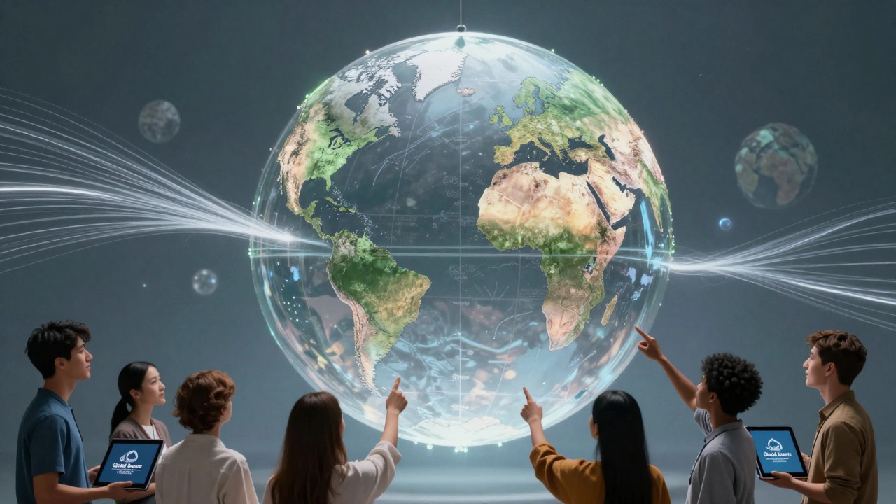 Transparent globe showing unequal data flows from Western and non-Western sources into Wikipedia's AI training system.
