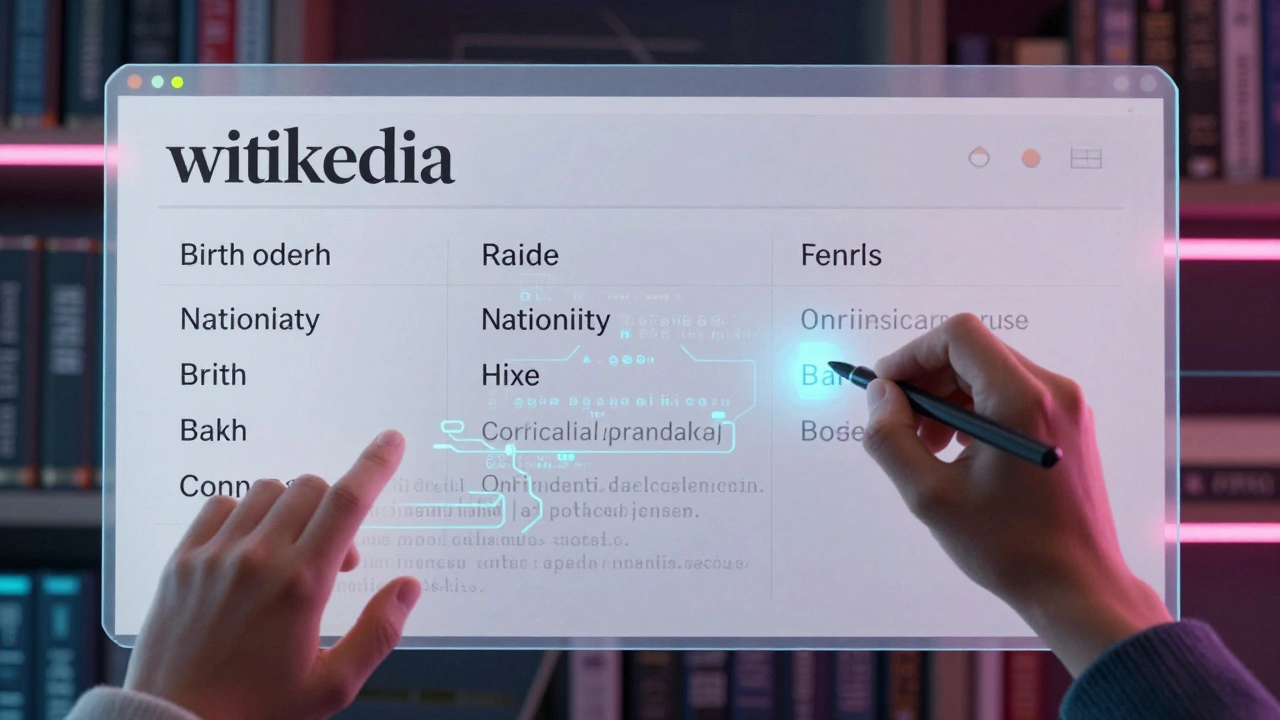Transparent infobox with editable metadata and citation threads over a Wikipedia article.