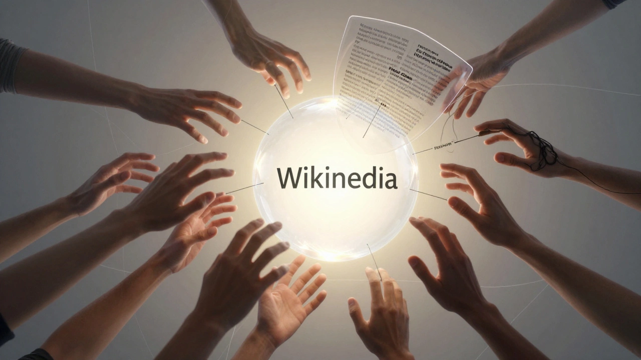 Transparent web of hands reaching for a glowing Wikipedia orb, some bright with sources, others dark with false claims.